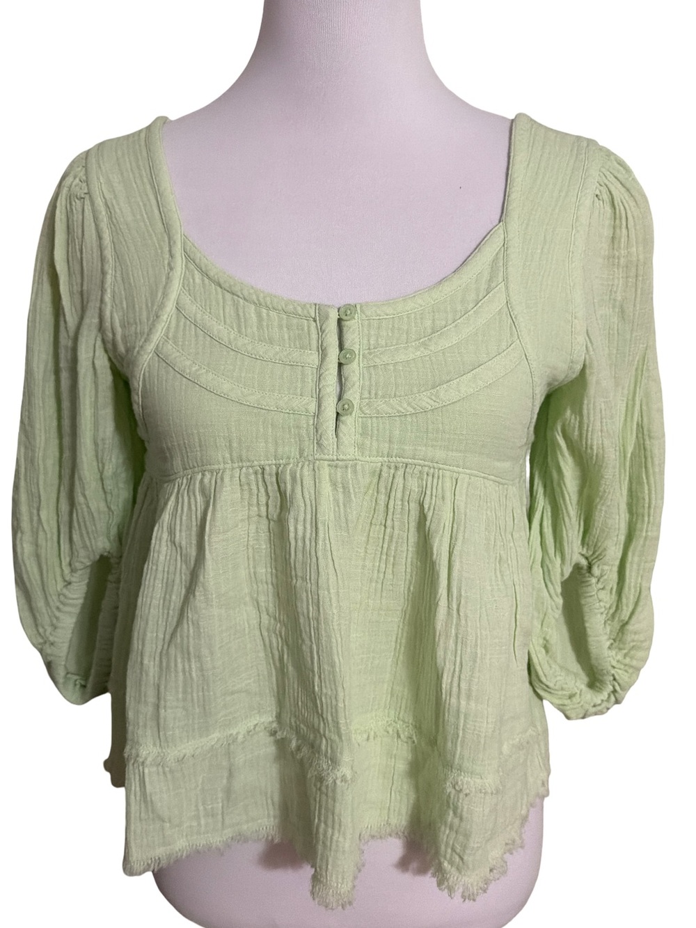 True Craft Light Sage Cotton Gauze Peasant Blouse